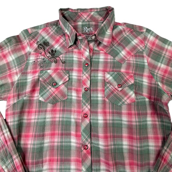 Rock 47 By Wrangler Womens Shirt Size Medium Pink Plaid Pearl Snap Western - Picture 2 of 11